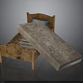 Vintage Wooden Bed Frame Featuring Open Mattress And Blue Pillow