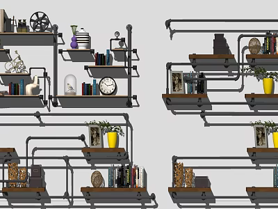 Industrial Style Wall Cabinets With Wooden Shelves Books Clock And Potted Plants 3d model