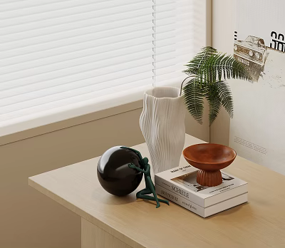 Decorative Ornament Set With Black Spherical Decor White Textured Vase Brown Dish And Green Plant On Table 3d model