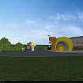 Colorful Snail Shaped Entrance Gate With Mushroom Decorations And Green Lawn