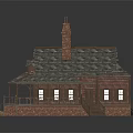 Traditional European-style Architecture Featuring Brick Structure Sloped Roof Gray Tiles Brick Chimney and Wooden Veranda