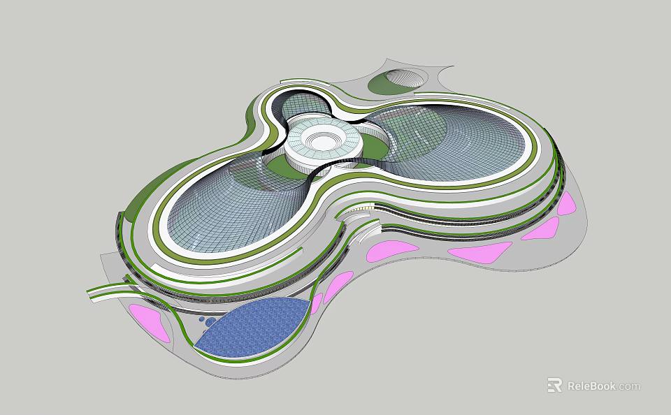 Unique Modern Architectural Design With Circular Structure Green And Pink Areas 3d model 