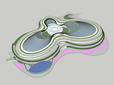 Unique Modern Architectural Design With Circular Structure Green And Pink Areas 3d model