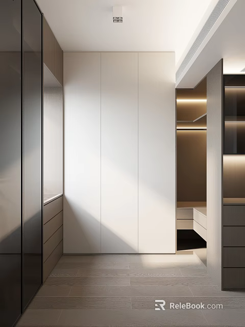 Modern Walk in Closet With White Cabinets And Warm Lighting 3d model 