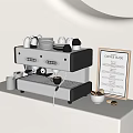 Coffee Machine On White Kitchen Counter With Cups Plates Coffee Guide Frame And Coffee Beans Bowl