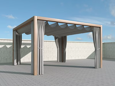 Outdoor Pergola Design With Wooden Frame Gray Curtains And Brick Wall Background 3d model