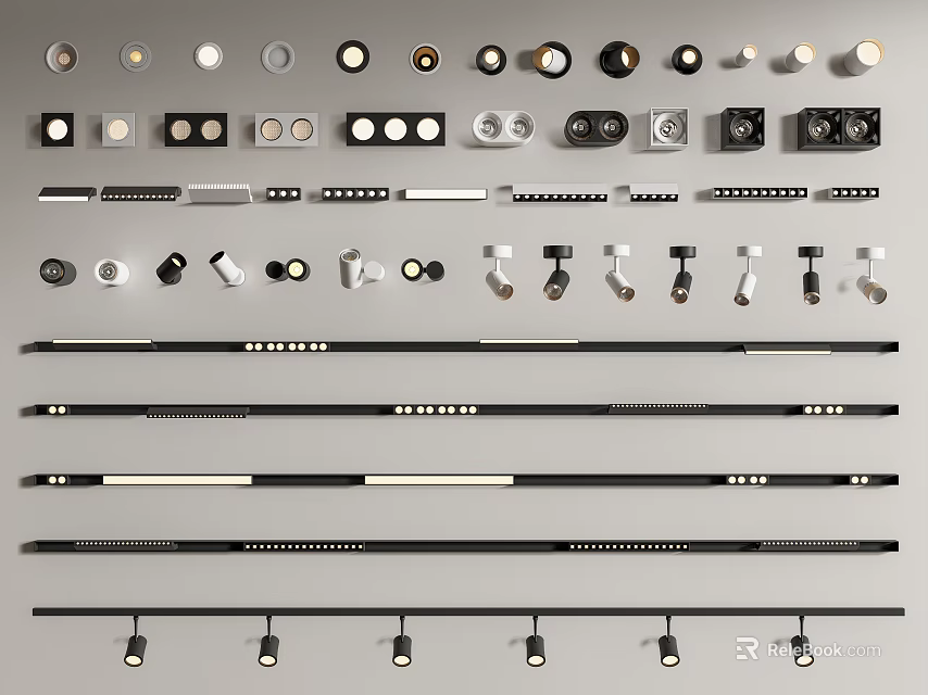 Stylish Modern Recessed Downlights And Track Spotlights In Black White For Home Office 3d model 