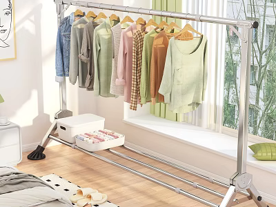 Metal Clothes Rack Hanging Various Colored Clothes With Storage Box On Wooden Bedroom Floor 3d model