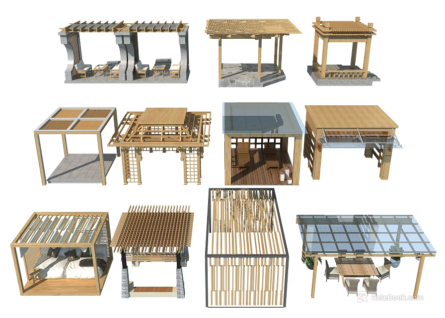 Various Modern Pergola Designs With Wooden Structures Glass Roof And Lattice Details 3d model 