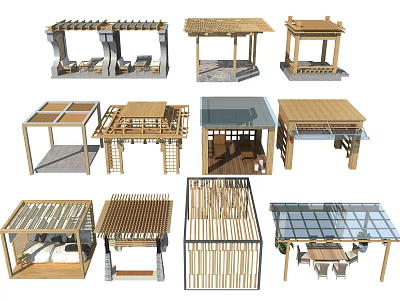 Various Modern Pergola Designs With Wooden Structures Glass Roof And Lattice Details 3d model