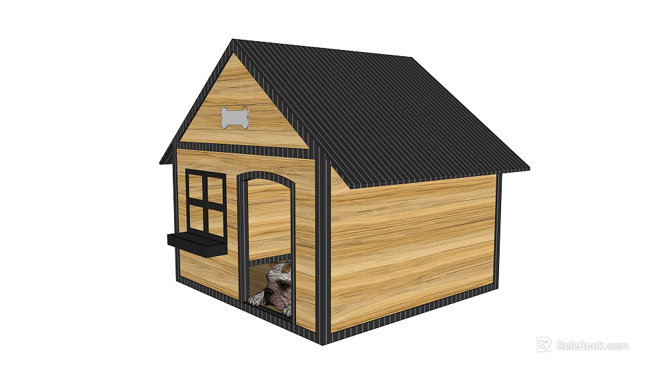 Garden Decorative Wooden Dog House With Black Roof Window And Puppy Inside 3d model 