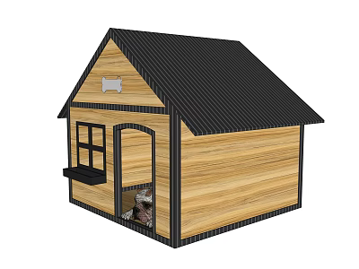 Garden Decorative Wooden Dog House With Black Roof Window And Puppy Inside 3d model