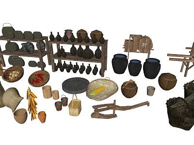 Traditional Industrial Equipment for Handicraft Production with Clay Pots Baskets and Tools 3d model