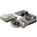 Modern Decorative Ornament Set With Leaf Decorations Black Spheres Glass Vase Metal Bottles And Gray Bases