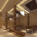 Modern SPA Sauna Interior With Beige Walls Wooden Slat Ceiling And Tiled Floor
