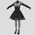 High Neck Black and White Striped Long Sleeve Dress with Lace Trim and Flared Skirt