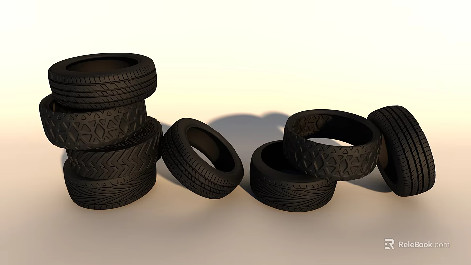Stacked and Scattered Tires with Various Tread Patterns on Neutral Background 3d model 