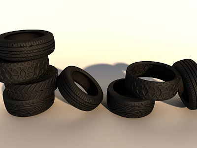 Stacked and Scattered Tires with Various Tread Patterns on Neutral Background 3d model