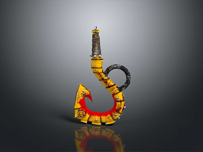 Yellow Metallic Hook With Red Accents And Black Coiled Handle Design 3d model