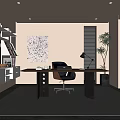 Modern Study Room Interior Design With Wooden Desk Black Chair Bookshelf Large Window And Green Plant Artwork