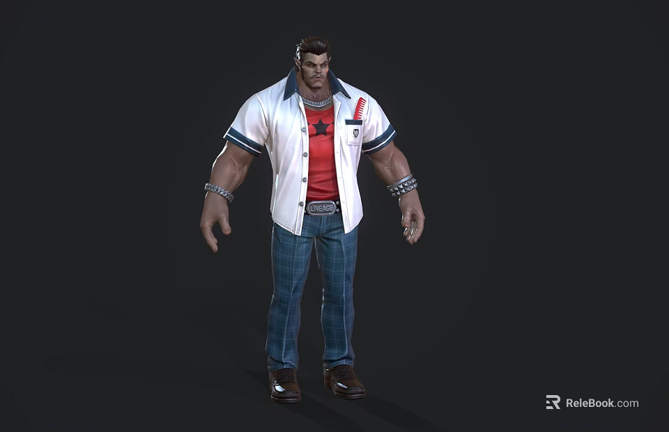 Muscular Male Game Movie Character With White Shirt Red T-Shirt Blue Checkered Pants And Wristbands 3d model 