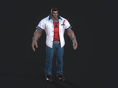 Muscular Male Game Movie Character With White Shirt Red T-Shirt Blue Checkered Pants And Wristbands 3d model