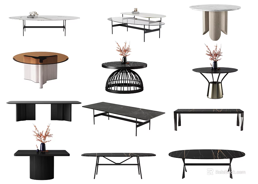 Modern Dining Tables In Various Styles With Round Rectangular Shapes Metal Frames And Flower Decorations 3d model
