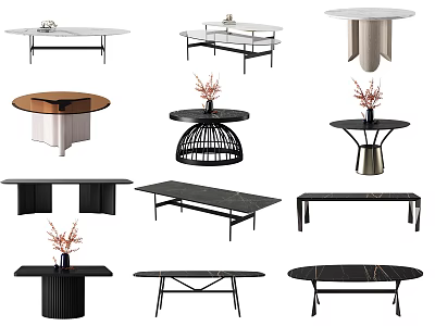 Modern Dining Tables In Various Styles With Round Rectangular Shapes Metal Frames And Flower Decorations 3d model