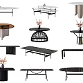 Modern Dining Tables In Various Styles With Round Rectangular Shapes Metal Frames And Flower Decorations 3d model