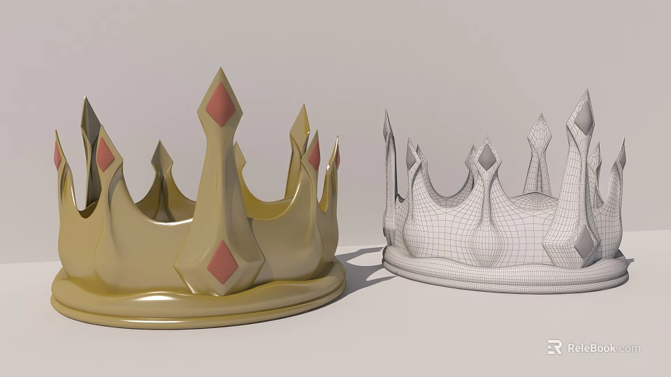 Crown Carving Sculptures With Golden Finish Red Gems And Wireframe Model 3d model 