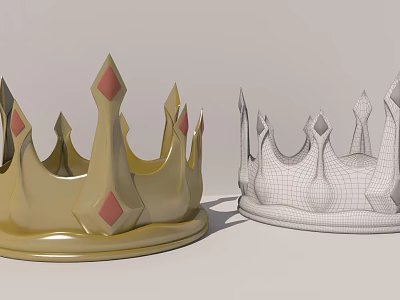 Crown Carving Sculptures With Golden Finish Red Gems And Wireframe Model 3d model