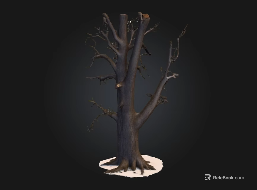 Leafless Tree With Thick Trunk And Exposed Roots On Black Background White Base 3d model 
