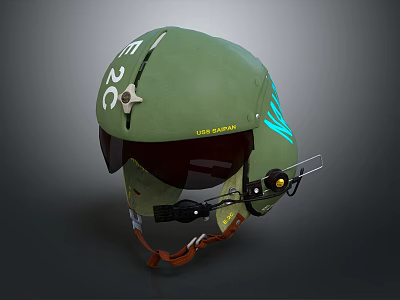 Green US Captain Military Helmet With Goggles Headphones And Star Emblem 3d model