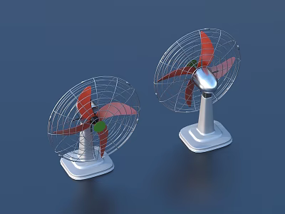Two Air Cooler Fans with Red Blades White Base and Metal Mesh Cover 3d model