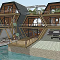 Modern Hexagonal Boutique Hotel Architecture with Over Water Design Palm Trees and Wooden Walkway