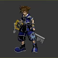 3D Render Of Anime Character With Brown Spiky Hair Blue Outfit Keyblade And Flame Patterns