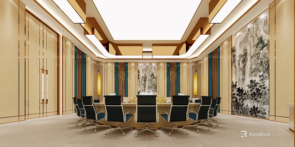 Modern Conference Room Interior With Round Meeting Table Black Chairs And Ceiling Design 3d model 
