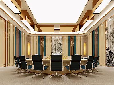 Modern Conference Room Interior With Round Meeting Table Black Chairs And Ceiling Design 3d model