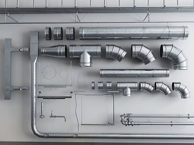 Metal Pipe Components Layout With Various Elbows Straight Sections And Connectors 3d model