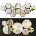 Decorative Hexagonal And Circular Gold Frame Mirrors Reflecting Room Interior With Plants 3d model