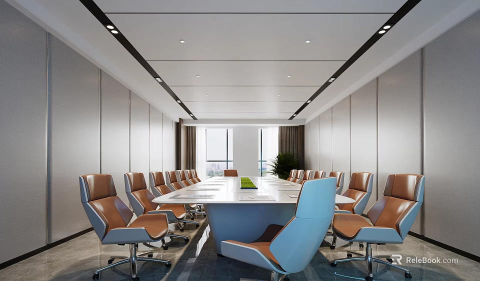 Modern Conference Room Interior With Long Table Leather Chairs And Large Windows 3d model 