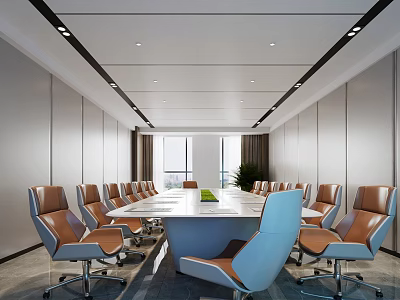 Modern Conference Room Interior With Long Table Leather Chairs And Large Windows 3d model