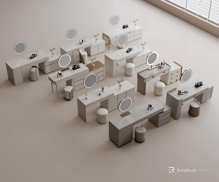 Modern White And Light Gray Dressing Tables With Round Mirrors Stools And Storage Units 3d model 