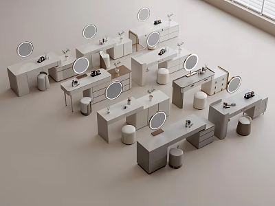Modern White And Light Gray Dressing Tables With Round Mirrors Stools And Storage Units 3d model