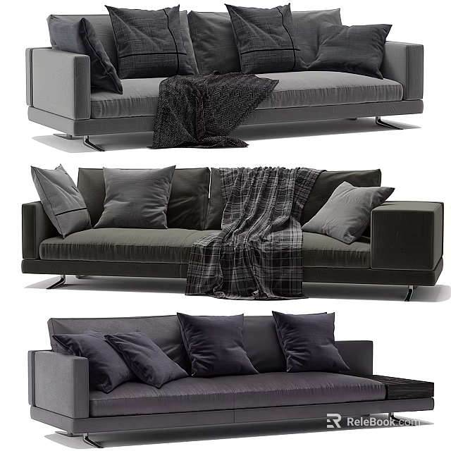 Modern Dark Gray Plush Sectional Sofa With Multiple Pillows And Plaid Throw Blanket 3d model