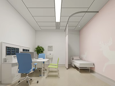 Hospital Outpatient Clinic Interior With Bed Desks Computers Plant And Decor 3d model