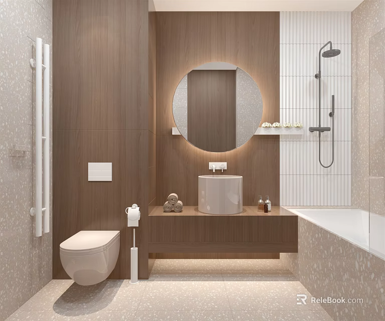 Modern Bathroom Interior With Wooden Walls Round Backlit Mirror White Vessel Sink And Bathtub 3d model 