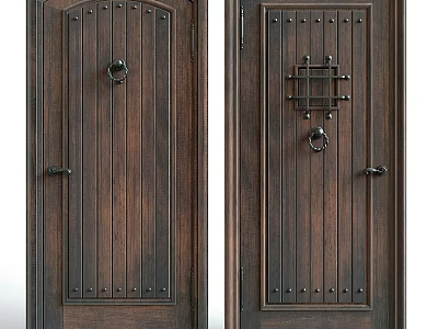 Dark Colored Wooden Hinged Doors With Metal Rivets Door Knockers And Handles 3d model