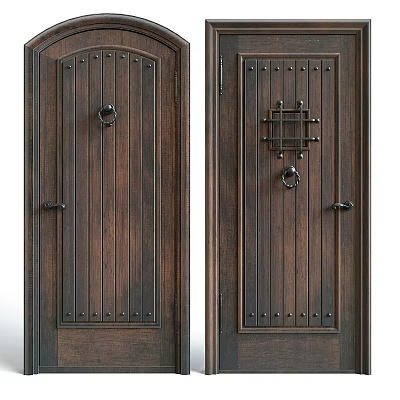 Dark Colored Wooden Hinged Doors With Metal Rivets Door Knockers And Handles 3d model