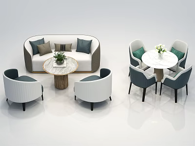 Modern Sofa and Coffee Table Set With White Gray Upholstery Decorative Pillows and Green Plant 3d model